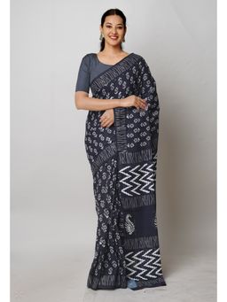 Unnati Silks - Black Pure Hand Block Printed Cotton Saree with Unstitched Blouse Unm74724