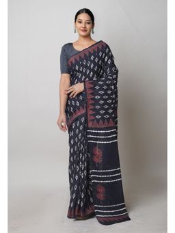 Unnati Silks - Black Pure Hand Block Printed Cotton Saree with Unstitched Blouse Unm74725