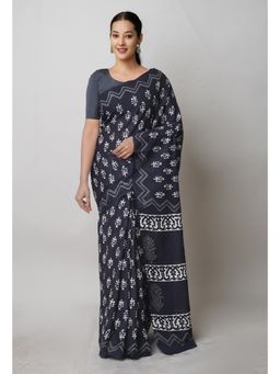 Unnati Silks - Black Pure Hand Block Printed Cotton Saree with Unstitched Blouse Unm74726