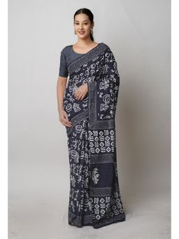 Unnati Silks - Black Pure Hand Block Printed Cotton Saree with Unstitched Blouse Unm74727