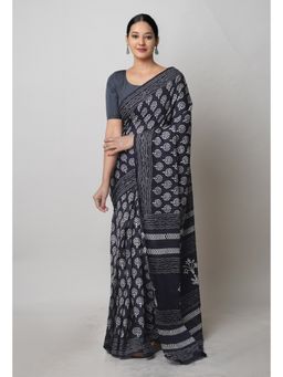 Unnati Silks - Black Pure Hand Block Printed Cotton Saree with Unstitched Blouse Unm74728