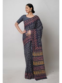 Unnati Silks - Black Pure Hand Block Printed Cotton Saree with Unstitched Blouse Unm74729