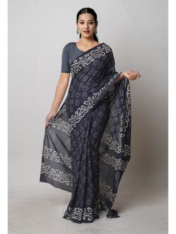 Unnati Silks - Black Pure Hand Block Printed Cotton Saree with Unstitched Blouse Unm74730