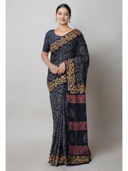 Unnati Silks - Black Pure Hand Block Printed Cotton Saree with Unstitched Blouse Unm74731