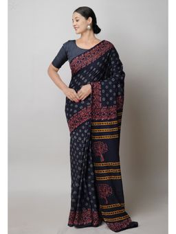 Unnati Silks - Black Pure Hand Block Printed Cotton Saree with Unstitched Blouse Unm74732