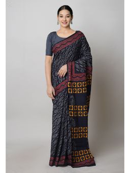 Unnati Silks - Black Pure Hand Block Printed Cotton Saree with Unstitched Blouse Unm74733