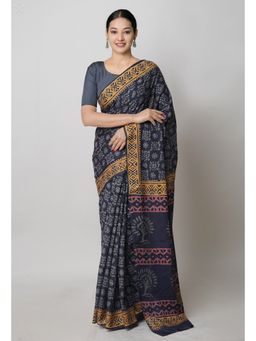 Unnati Silks - Black Pure Hand Block Printed Cotton Saree with Unstitched Blouse Unm74735
