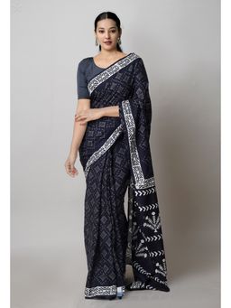 Unnati Silks - Black Pure Hand Block Printed Cotton Saree with Unstitched Blouse Unm74736