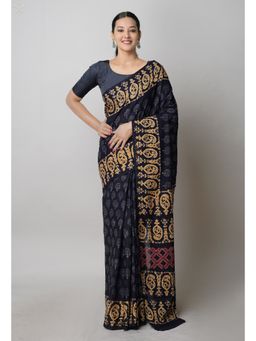 Unnati Silks - Black Pure Hand Block Printed Cotton Saree with Unstitched Blouse Unm74737