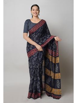 Unnati Silks - Black Pure Hand Block Printed Cotton Saree with Unstitched Blouse Unm74738