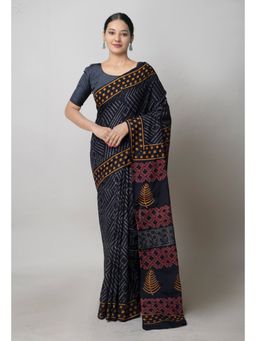 Unnati Silks - Black Pure Hand Block Printed Cotton Saree with Unstitched Blouse Unm74739