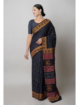 Unnati Silks - Black Pure Hand Block Printed Cotton Saree with Unstitched Blouse Unm74740