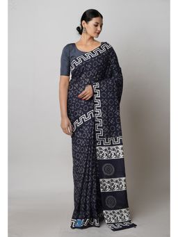 Unnati Silks - Black Pure Hand Block Printed Cotton Saree with Unstitched Blouse Unm74741