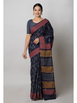 Unnati Silks - Black Pure Hand Block Printed Cotton Saree with Unstitched Blouse Unm74742