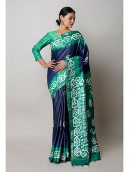 Unnati Silks - Navy Blue-Dark Green Printed Chanderi Saree with Unstitched Blouse Unm74797