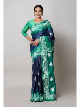 Unnati Silks - Navy Blue dark Green Printed Chanderi Saree with Unstitched Blouse Unm74800