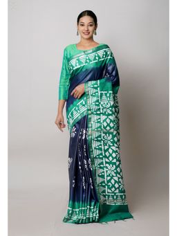 Unnati Silks - Navy Blue-Dark Green Printed Chanderi Sico Saree with Unstitched Blouse Unm74805