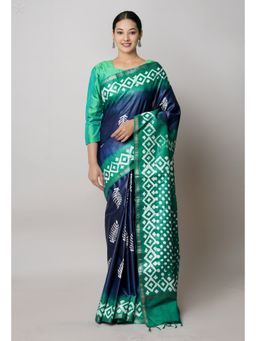 Unnati Silks - Navy Blue-Dark Green Printed Chanderi Sico Saree with Unstitched Blouse Unm74821