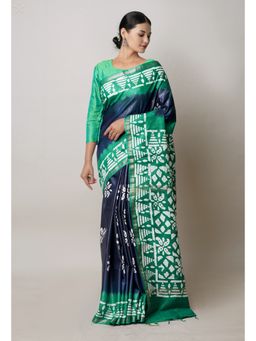 Unnati Silks - Navy Blue-Dark Green Printed Chanderi Saree with Unstitched Blouse Unm74827