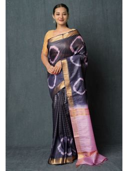 Unnati Silks - Navy Blue baby Pink Shibori Printed Chanderi Sico Saree with Unstitched Blouse Unm74861