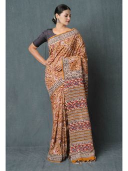 Unnati Silks - Brown Ajrakh Hand Block Printed Chanderi Silk Saree with Unstitched Blouse Unm74865