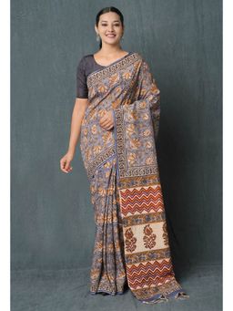 Unnati Silks - Blue Ajrakh Hand Block Printed Chanderi Silk Saree with Unstitched Blouse Unm74866