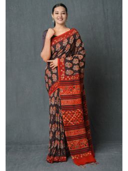 Unnati Silks - Black Ajrakh Hand Block Printed Chanderi Silk Saree with Unstitched Blouse Unm74867