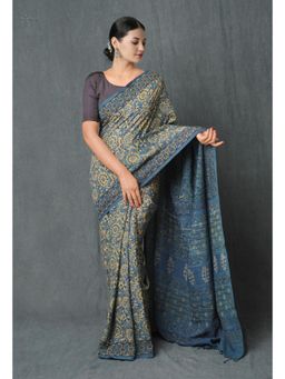 Unnati Silks - Blue Ajrakh Hand Block Printed Chanderi Silk Saree with Unstitched Blouse Unm74869