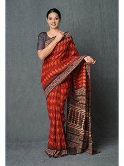 Unnati Silks - Maroon Ajrakh Hand Block Printed Chanderi Silk Saree with Unstitched Blouse Unm74870