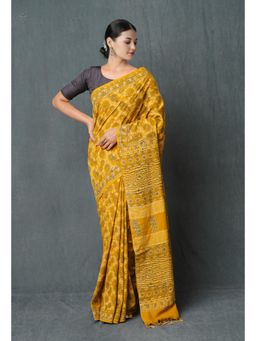 Unnati Silks - Yellow Ajrakh Hand Block Printed Chanderi Silk Saree with Unstitched Blouse Unm74871