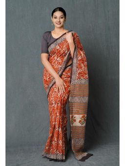Unnati Silks - Red Pure Hand Block Printed Kota Cotton Saree with Unstitched Blouse Unm74872