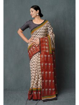 Unnati Silks - Off White Pure Hand Block Printed Kota Cotton Saree with Unstitched Blouse Unm74873