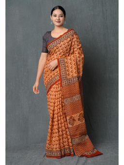 Unnati Silks - Peach Orange Pure Printed Kota Cotton Saree with Unstitched Blouse Unm74882