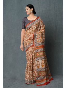 Unnati Silks - Cream Pure Bagru Hand Block Printed Kota Cotton Saree with Unstitched Blouse Unm74883