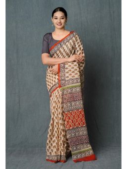 Unnati Silks - Cream Pure Bagru Hand Block Printed Kota Cotton Saree with Unstitched Blouse Unm74884