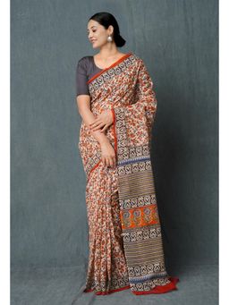 Unnati Silks - Cream Pure Bagru Hand Block Printed Kota Cotton Saree with Unstitched Blouse Unm74886