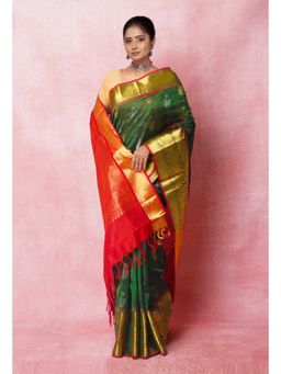 Unnati Silks - Dark Green Pure Handloom Assam Silk Saree with Unstitched Blouse Unm74930