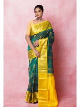 Unnati Silks - Dark Green Pure Handloom Assam Silk Saree with Unstitched Blouse Unm74932