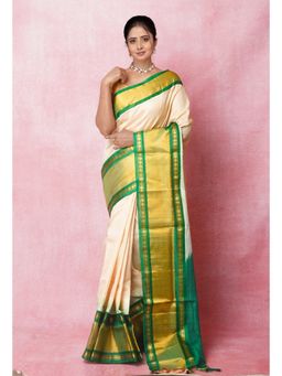 Unnati Silks - Cream Green Handloom Zari Weaving Silk Saree with Unstitched Blouse Unm74938