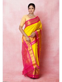Unnati Silks - Yellow Pink Handloom Zari Silk Saree with Unstitched Blouse Unm74939