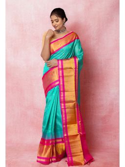 Unnati Silks - Turquoise Pink Handloom Zari Silk Saree with Unstitched Blouse Unm74940