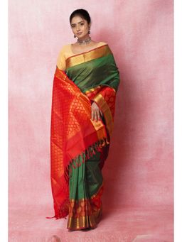 Unnati Silks - Green maroon Handloom Silk Saree with Unstitched Blouse Unm74941