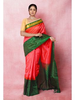 Unnati Silks - Dark Colral Pink Handloom Silk Saree with Unstitched Blouse Unm74944
