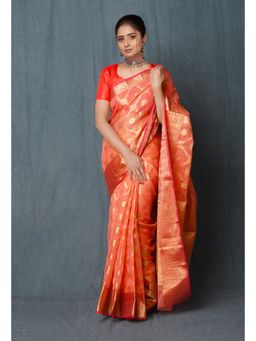 Unnati Silks - Coral Pink Pure Banarasi Kota Cotton Saree with Unstitched Blouse Unm74963