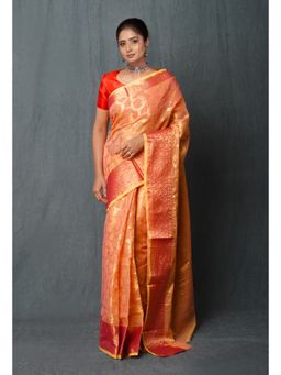 Unnati Silks - Light Orange Pure Banarasi Kota Cotton Saree with Unstitched Blouse Unm74968