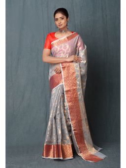Unnati Silks - Light Grey Pure Banarasi Kota Cotton Saree with Unstitched Blouse Unm74969