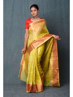 Unnati Silks - Lemon Yellow Pure Banarasi Kota Cotton Saree with Unstitched Blouse Unm74970