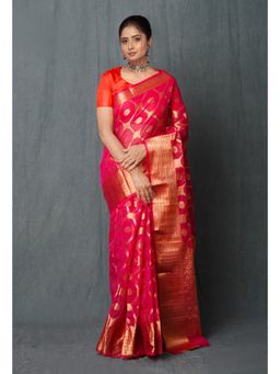 Unnati Silks - Pink Pure Banarasi Kota Cotton Saree with Unstitched Blouse Unm74980