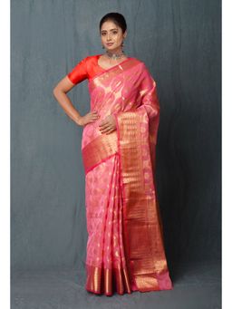 Unnati Silks - Coral Pink Pure Banarasi Kota Cotton Saree with Unstitched Blouse Unm74983