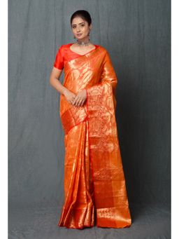 Unnati Silks - Orange Pure Banarasi Kota Cotton Saree with Unstitched Blouse Unm74989